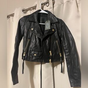 All Saints Black Leather Moto Jacket Asymmetrical Design